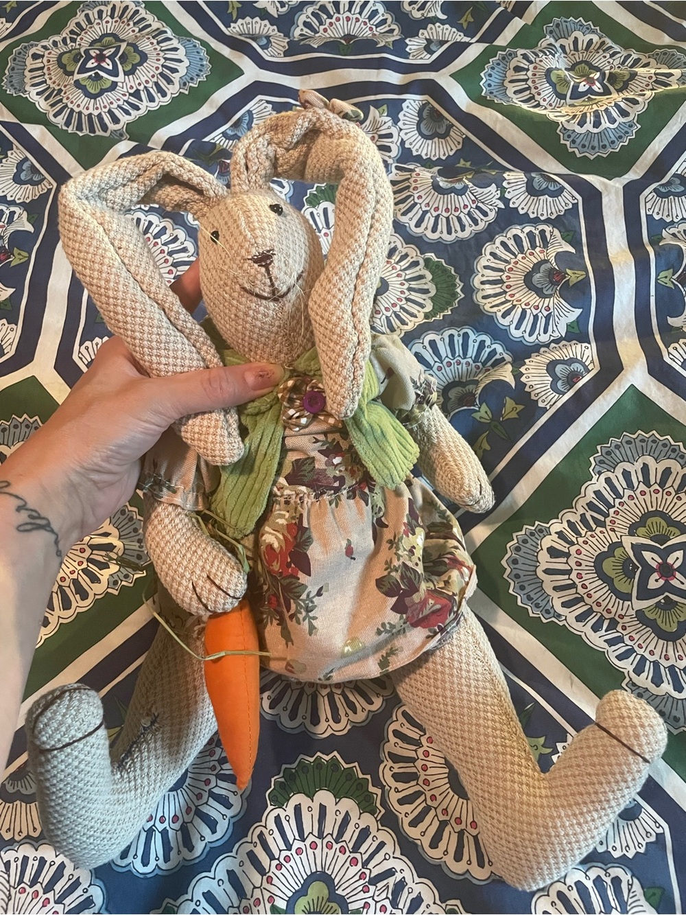 Plush Bunny Doll in Beige with Floral Dress and Orange Carrot